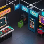 Una persona sentada en un gabinete de arcade retro junto a una consola de juego moderna