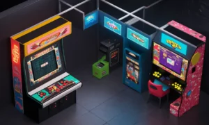 Una persona sentada en un gabinete de arcade retro junto a una consola de juego moderna