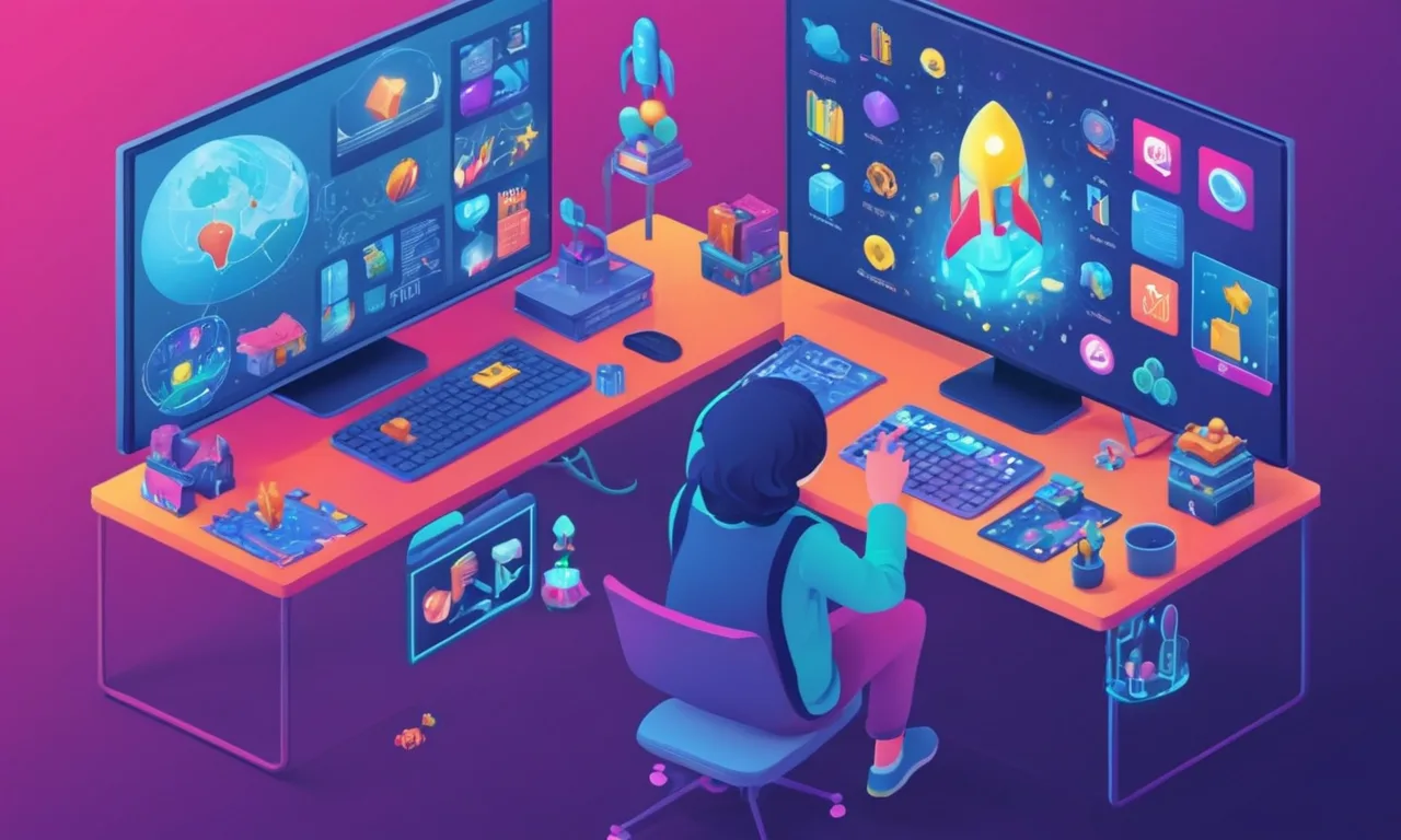 Una persona sentada frente a una pantalla de computadora que muestra varios juegos e iconos de simulación educativa.