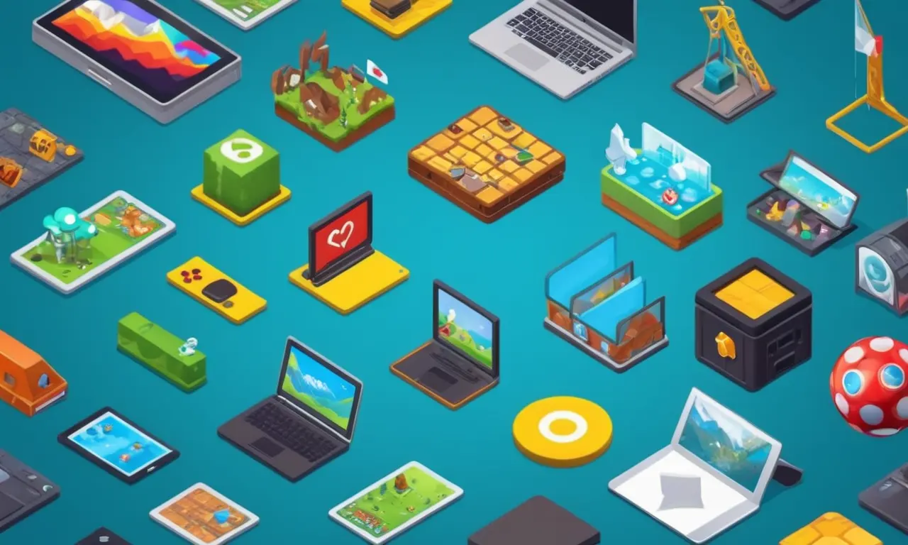 Una variedad de iconos de juego digital que representan diferentes géneros de simulación en una pantalla portátil.