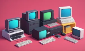 Una línea de tiempo de computadoras antiguas que muestran juegos de simulación icónicos del pasado al presente.