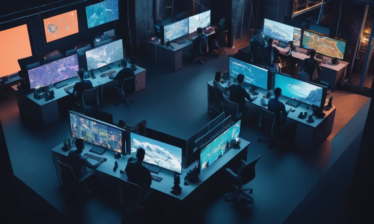 Un grupo de desarrolladores de juegos colaborando en un proyecto en un espacio de trabajo compartido, con pantallas que muestran simulaciones.