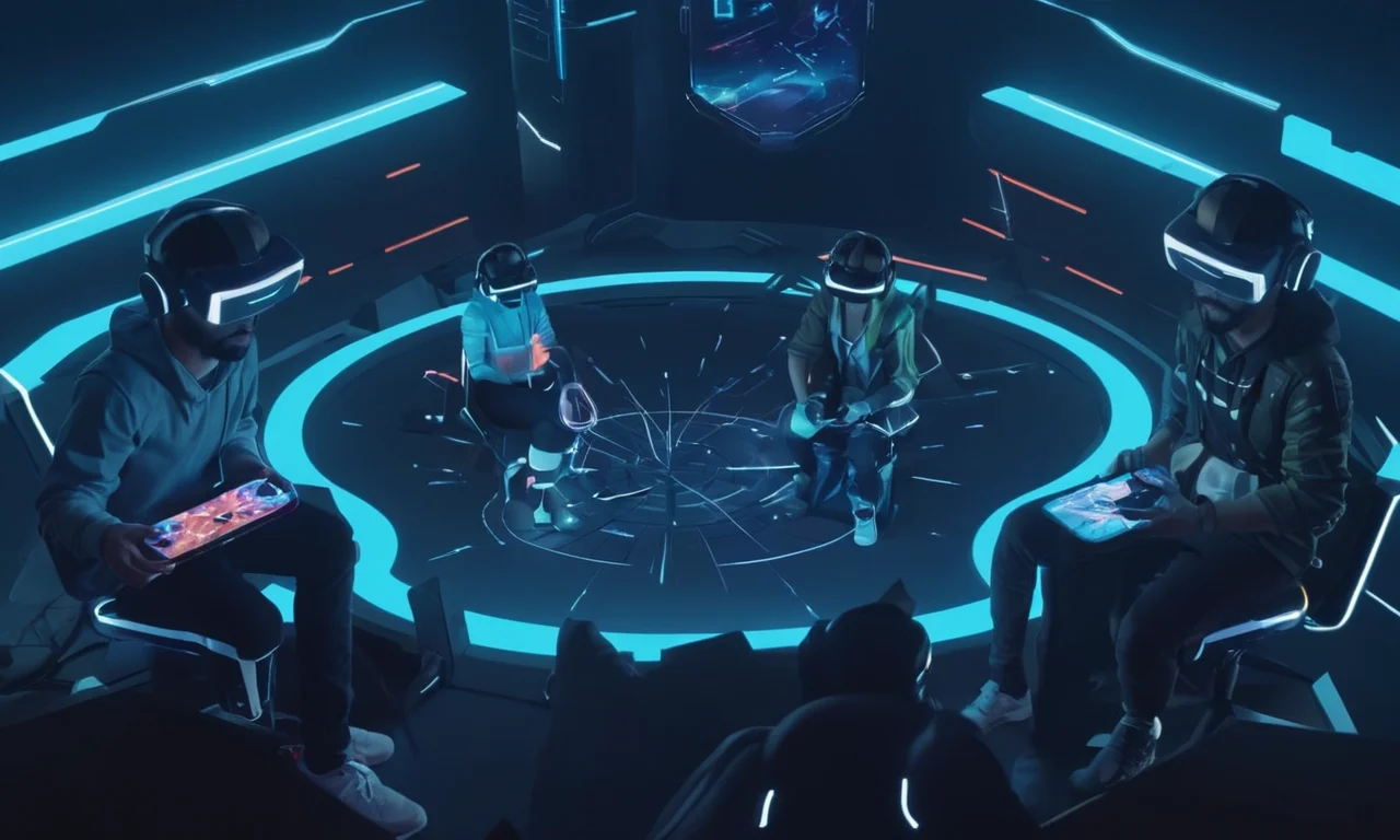 Un grupo de jugadores que usan auriculares de realidad virtual compitiendo entre sí en una arena futurista.