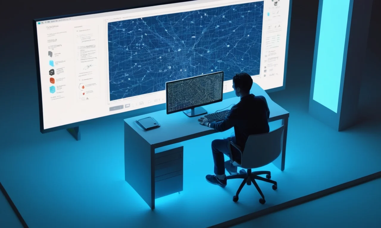 Un hombre de negocios usando una tableta con un programa de simulación delante de un paisaje urbano.