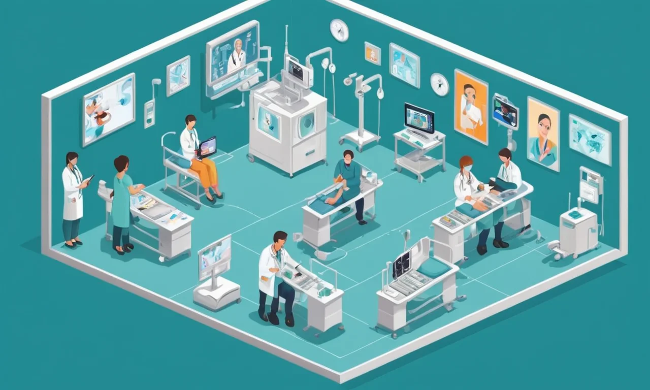 Un médico usando simuladores médicos con imágenes de pacientes en pantallas.