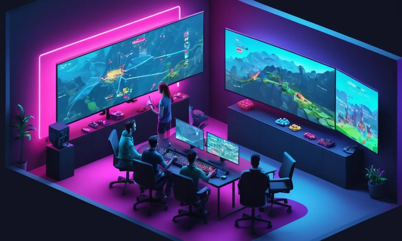 Un jugador dando retroalimentación a los desarrolladores delante de una pantalla grande que muestra un progreso de juegos.