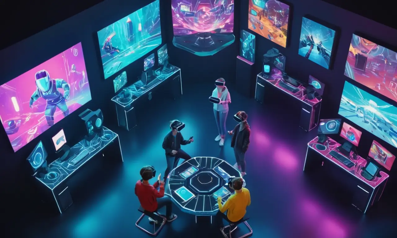 Una persona sentada frente a un ordenador con auriculares de realidad virtual, rodeada de avatares y pantallas digitales.