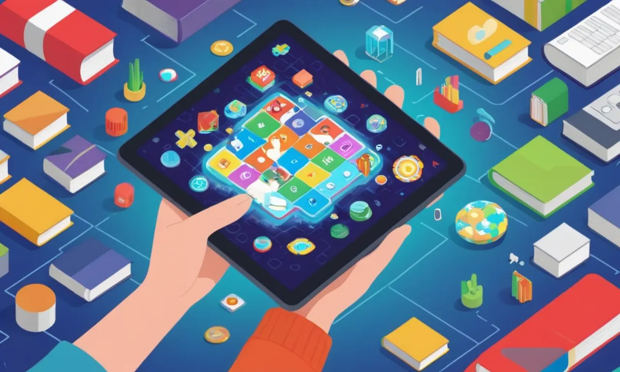 Una persona que sostiene una tableta con un juego de simulación en ella, rodeado de libros y materiales educativos.