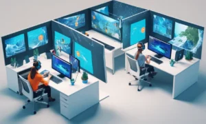 Un equipo colaborando en un proyecto virtual usando pantallas y auriculares de computadora.