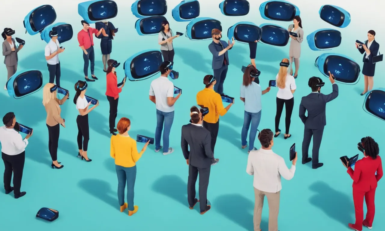 Un equipo diverso de profesionales que utilizan auriculares de realidad virtual para capacitación y colaboración en diversas industrias.