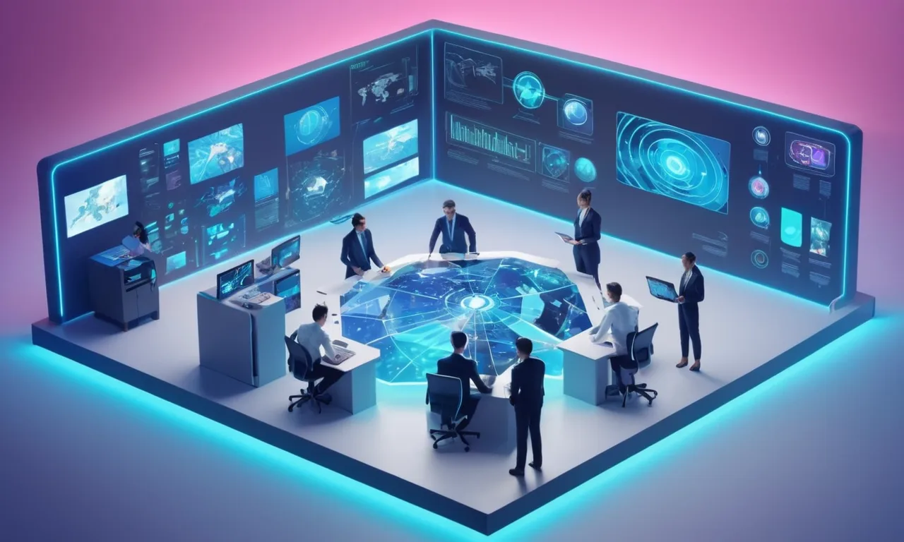 Un equipo de personas de diferentes profesiones trabajando juntos en un panel de control futurista rodeado de pantallas holográficas.