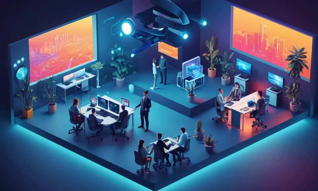 Un equipo colaborando en un proyecto de realidad virtual en un entorno de oficina futurista.