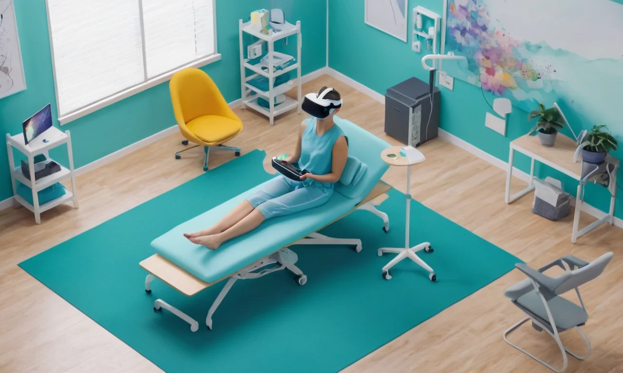 Un terapeuta usando un auricular de realidad virtual con un paciente, rodeado de equipos de terapia ocupacional.