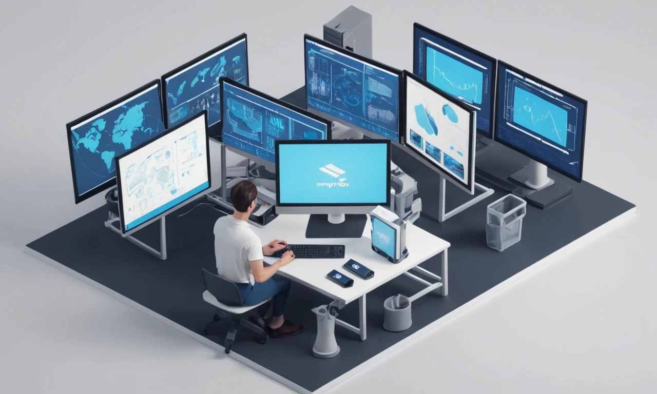 Una persona sentada en un ordenador usando un simulador para entrenamiento profesional con varias pantallas y herramientas.