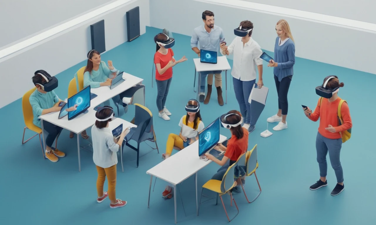 Un maestro usando un auricular de realidad virtual con estudiantes observando en pantallas.