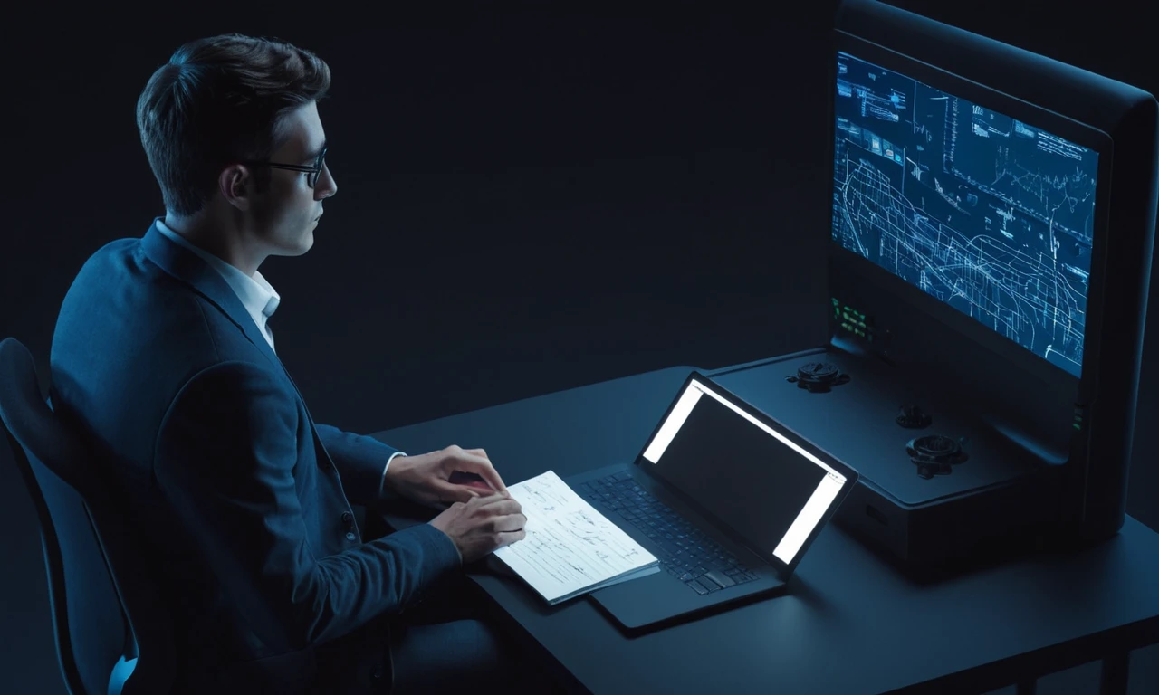 Una persona sentada frente a un simulador con un ordenador portátil y notas, mirando reflexiva.