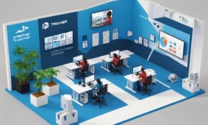 Un entrenador usando un simulador para demostrar técnicas de formación profesional para estudiantes.