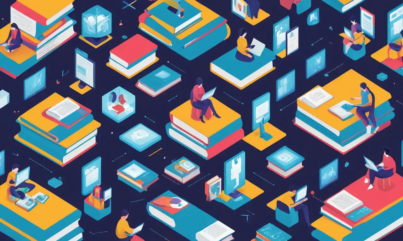 Una persona rodeada de pantallas y libros, con iconos y diagramas que representan simuladores y recursos de aprendizaje.