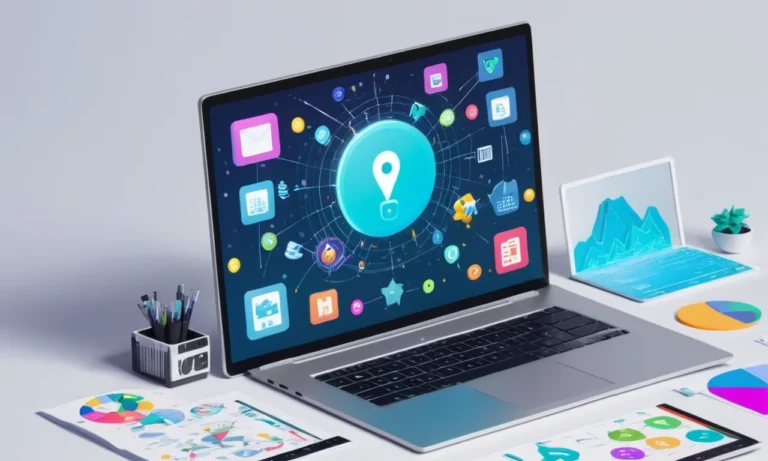 Una pantalla portátil que muestra varias interfaces de software de simulación con iconos y tutoriales que la rodean.