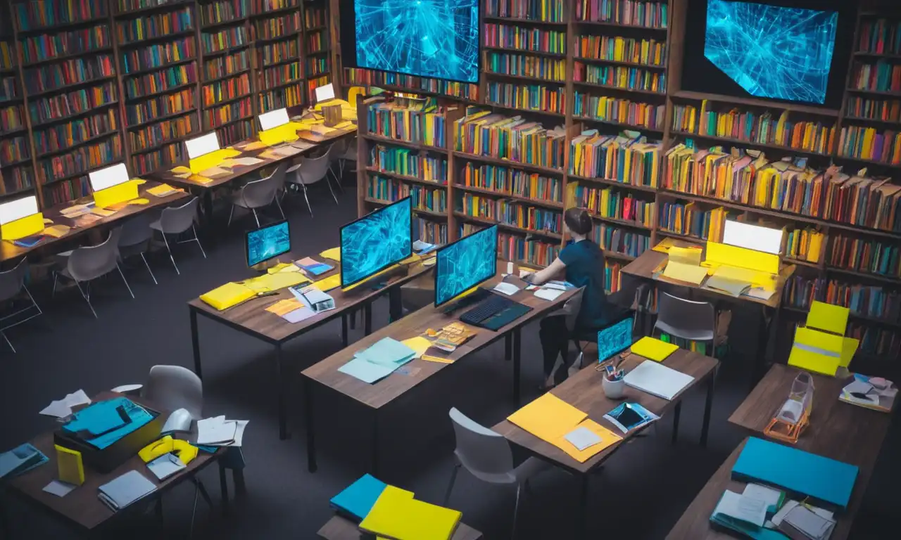 Una persona rodeada de libros y pantallas, con notas y resaltadores en la tabla, indicando un enfoque en el aprendizaje sobre software de simulación.