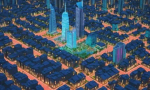 simulación de ciudad virtual en una pantalla de computadora con gadgets futuristas.