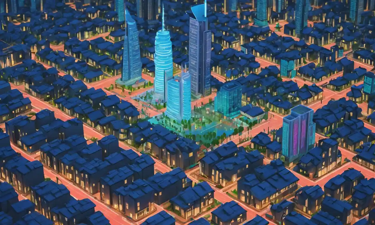 simulación de ciudad virtual en una pantalla de computadora con gadgets futuristas.