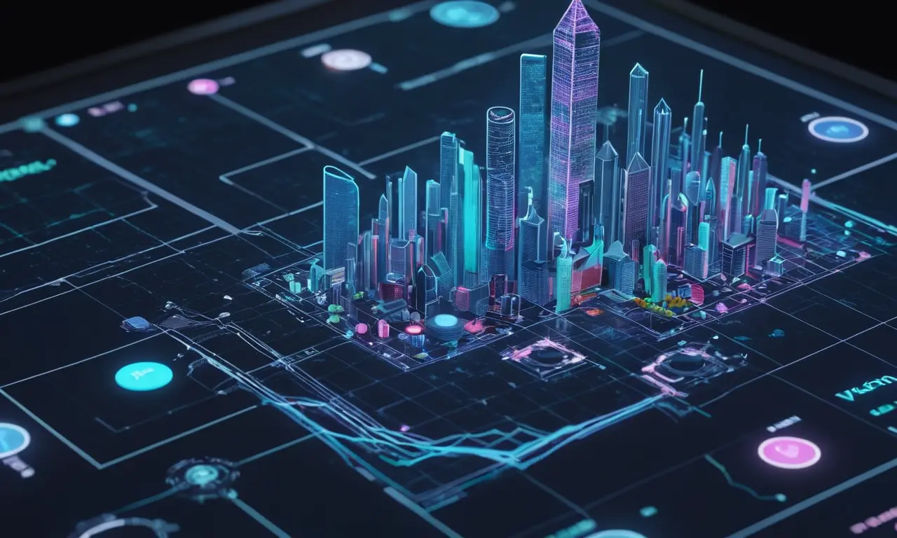 Un gráfico que muestra las herramientas de visualización de datos en una pantalla, rodeado de paisaje urbano e iconos tecnológicos.