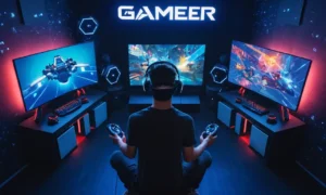 Un jugador sentado frente a un auricular de realidad virtual