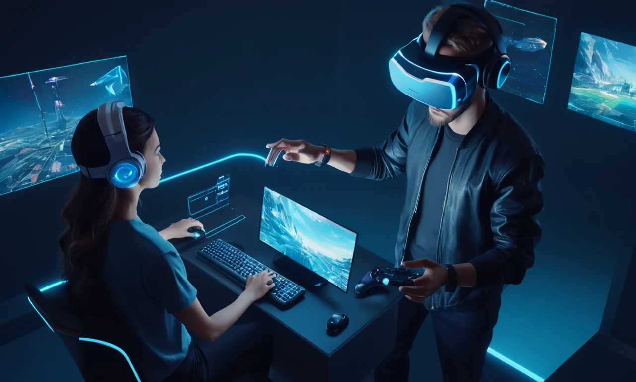 Un director de cine futurista y un jugador colaborando en un proyecto de realidad virtual.