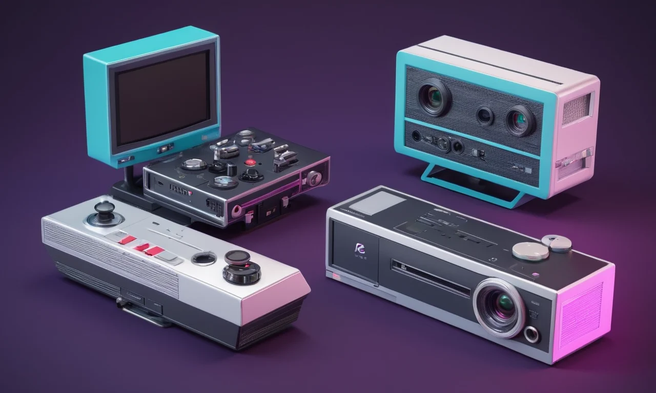 Una imagen de pantalla dividida que compara las cámaras de películas clásicas y las consolas de juego modernas.