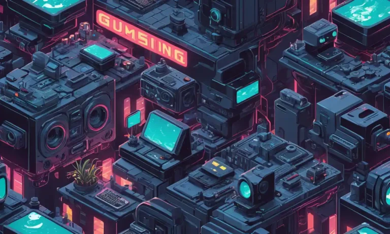 Una fusión de cámaras de cine y consolas de juego formando un futurista paisaje urbano.