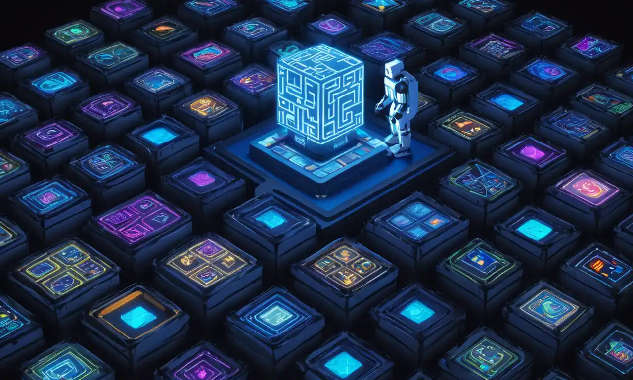 Una criatura robótica futurista llamada Mito jugando Tetris en una pantalla grande.