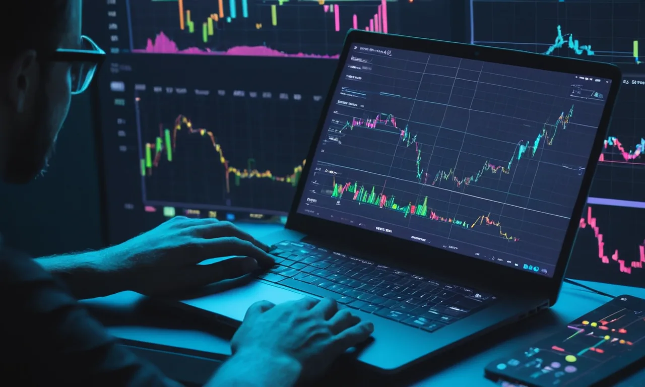 Un músico mezclando pistas en una pantalla portátil con gráficos de marketing y gráficos en el fondo.