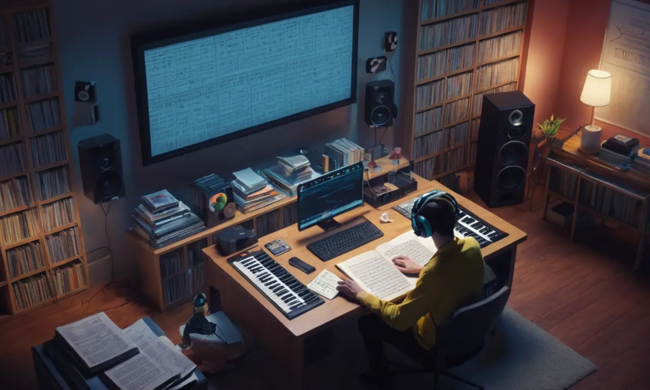 Un compositor que trabaja en un escritorio rodeado de hojas de música y auriculares, con una pantalla de cine que muestra un título de película.
