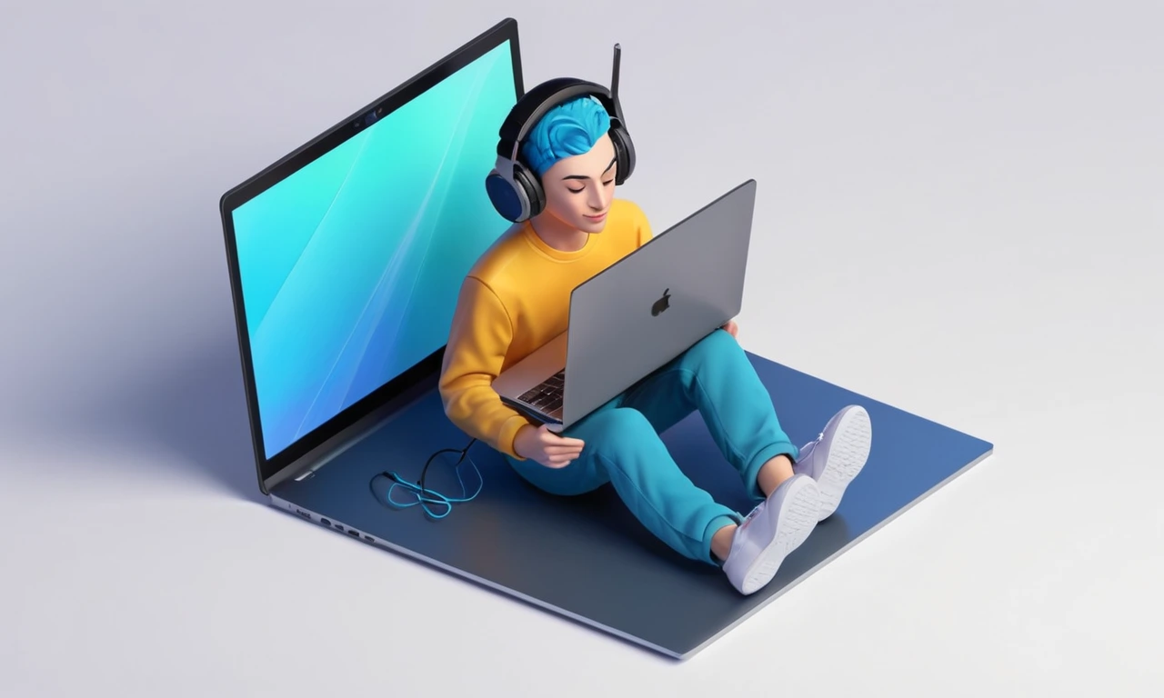 Una persona escuchando música con auriculares y un portátil abierto.