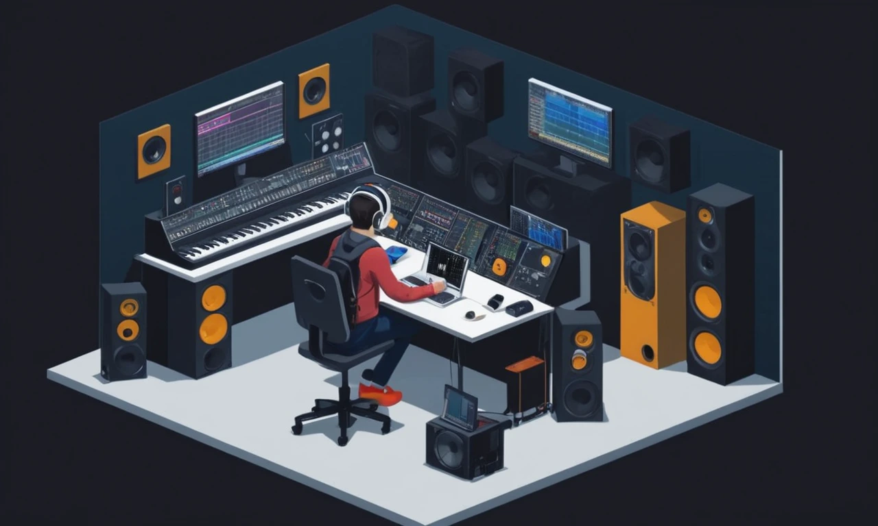 Un compositor que trabaja en un estudio con auriculares y equipos de audio.