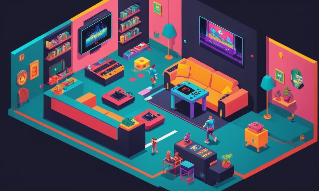 Un disparo de cerca de las manos de los jugadores presionando rápidamente botones en un controlador rodeado de pantallas que muestran los niveles clásicos de videojuegos.