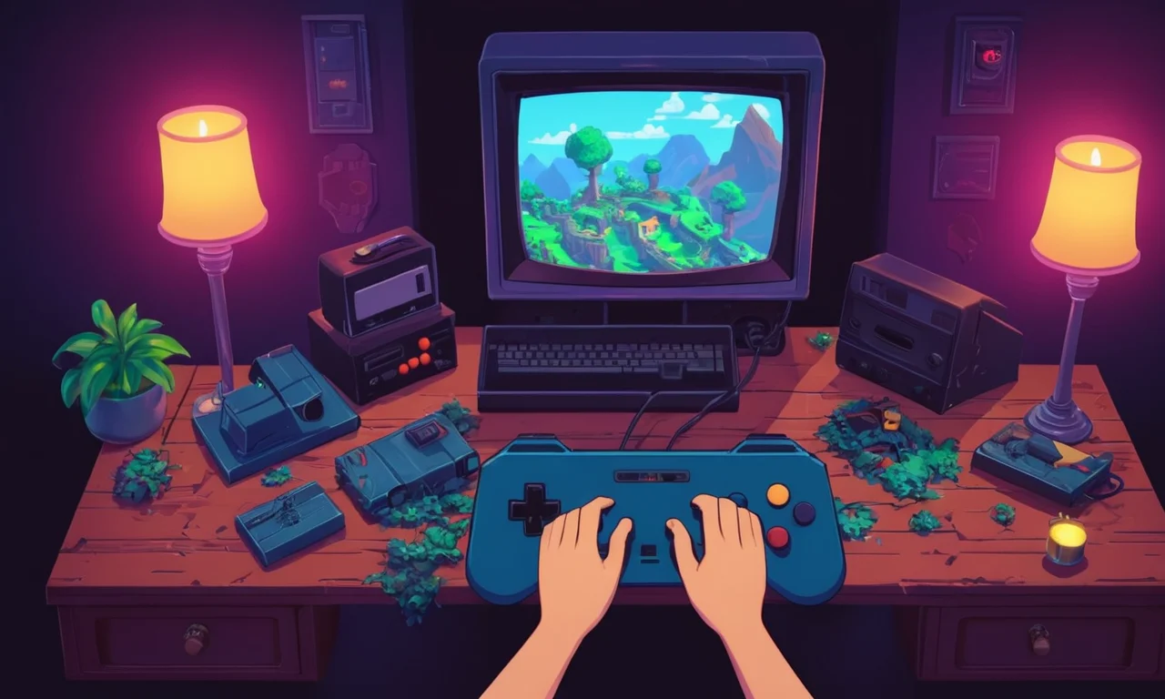 Un jugador manos navegando rápidamente a través de un videojuego de la vieja escuela en una consola retro o PC.