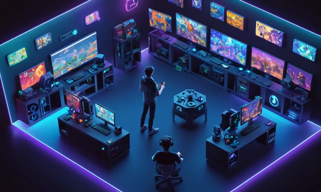 Un jugador rodeado de pantallas y controladores, con avatares virtuales y cajas de chat en el fondo.