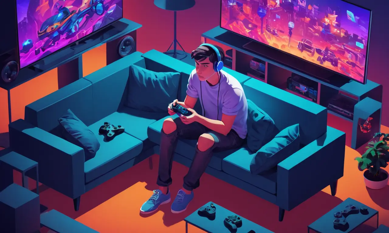 Una persona sentada en un sofá rodeada de pantallas y controladores de juego, con expresión preocupada.