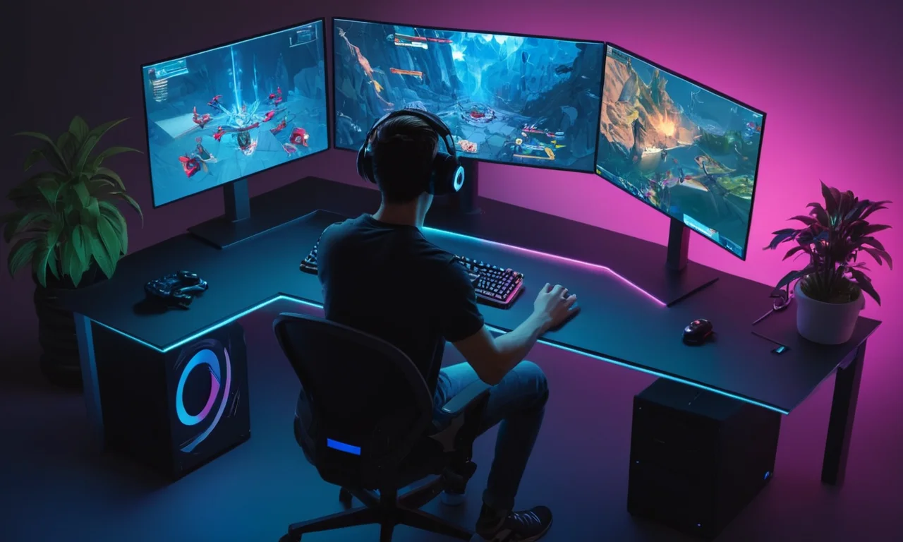 Un jugador sentado frente a una pantalla de ordenador con una pantalla dividida que muestra su juego y chatbox.