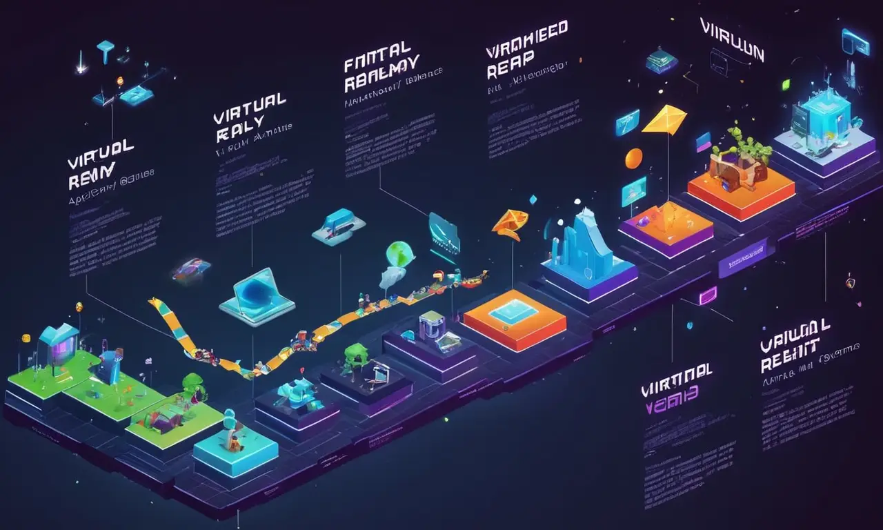 Una línea de tiempo que muestra la evolución de los juegos de realidad virtual y aumentada junto con los hitos en el desarrollo tecnológico.