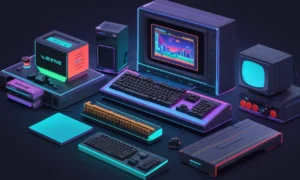 Sistemas de computación vintage y consolas de videojuegos tempranas exhibidas junto con modernos equipos de juego.