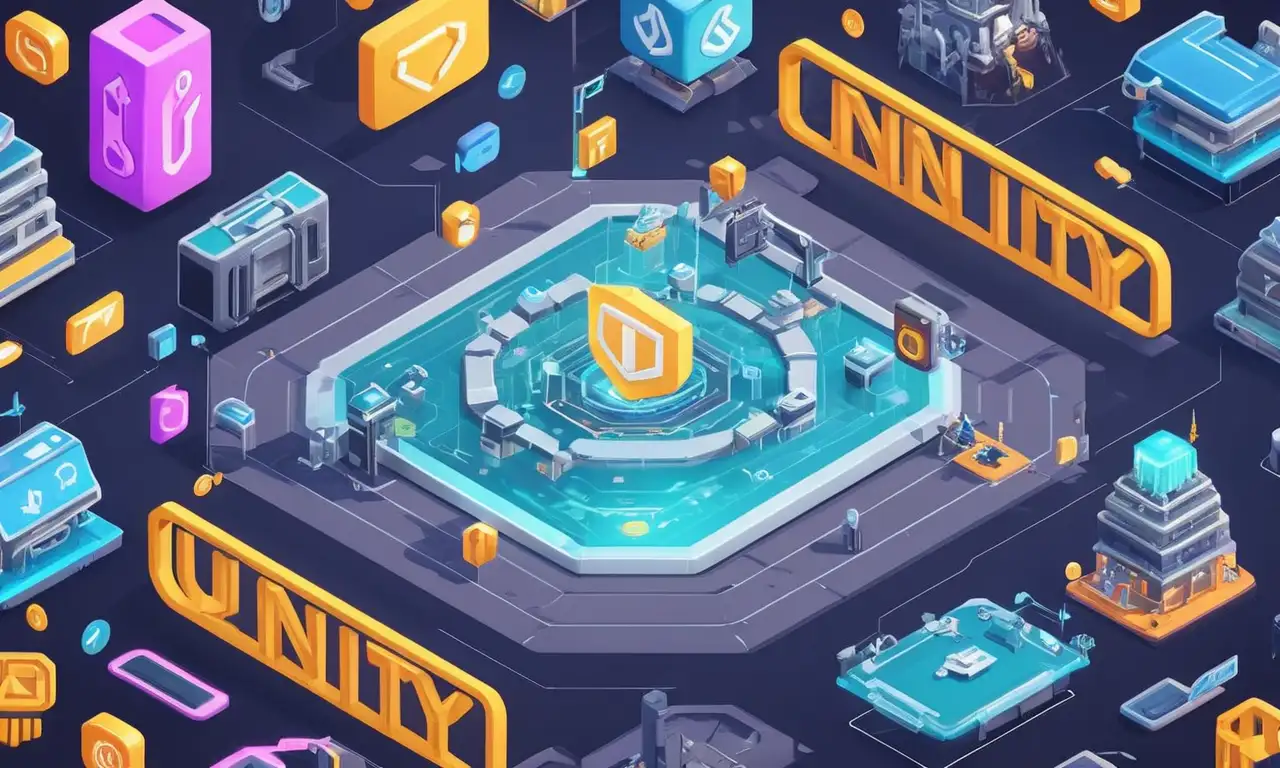 Ilustración de varias plataformas y tecnologías (como Unity o Unreal Engine) rodeada de símbolos de codificación y elementos inspirados en el juego.