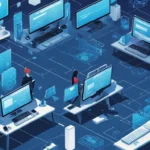 Una persona rodeada de pantallas de ordenadores y gadgets