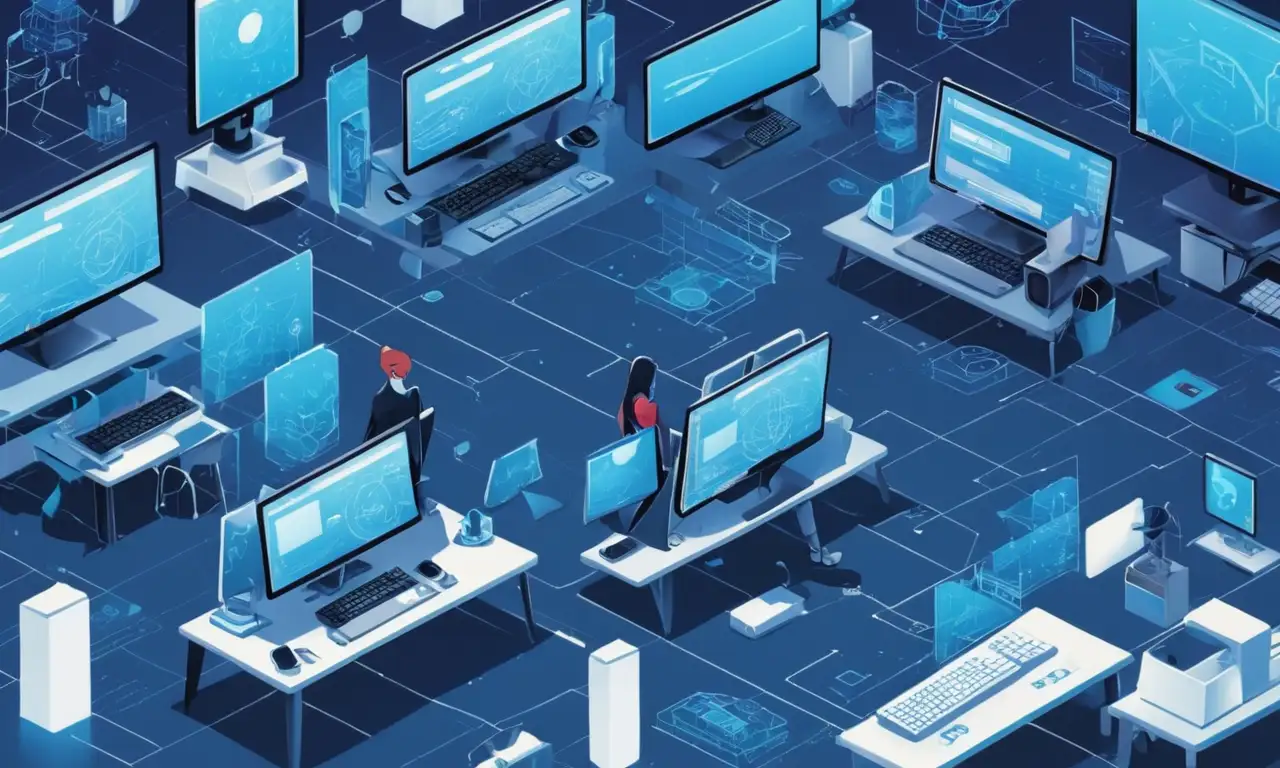 Una persona rodeada de pantallas de ordenadores y gadgets