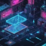 El arte conceptual y el código de programación se mezclan en una pantalla entre los elementos tecnológicos futuristas.