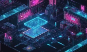 El arte conceptual y el código de programación se mezclan en una pantalla entre los elementos tecnológicos futuristas.