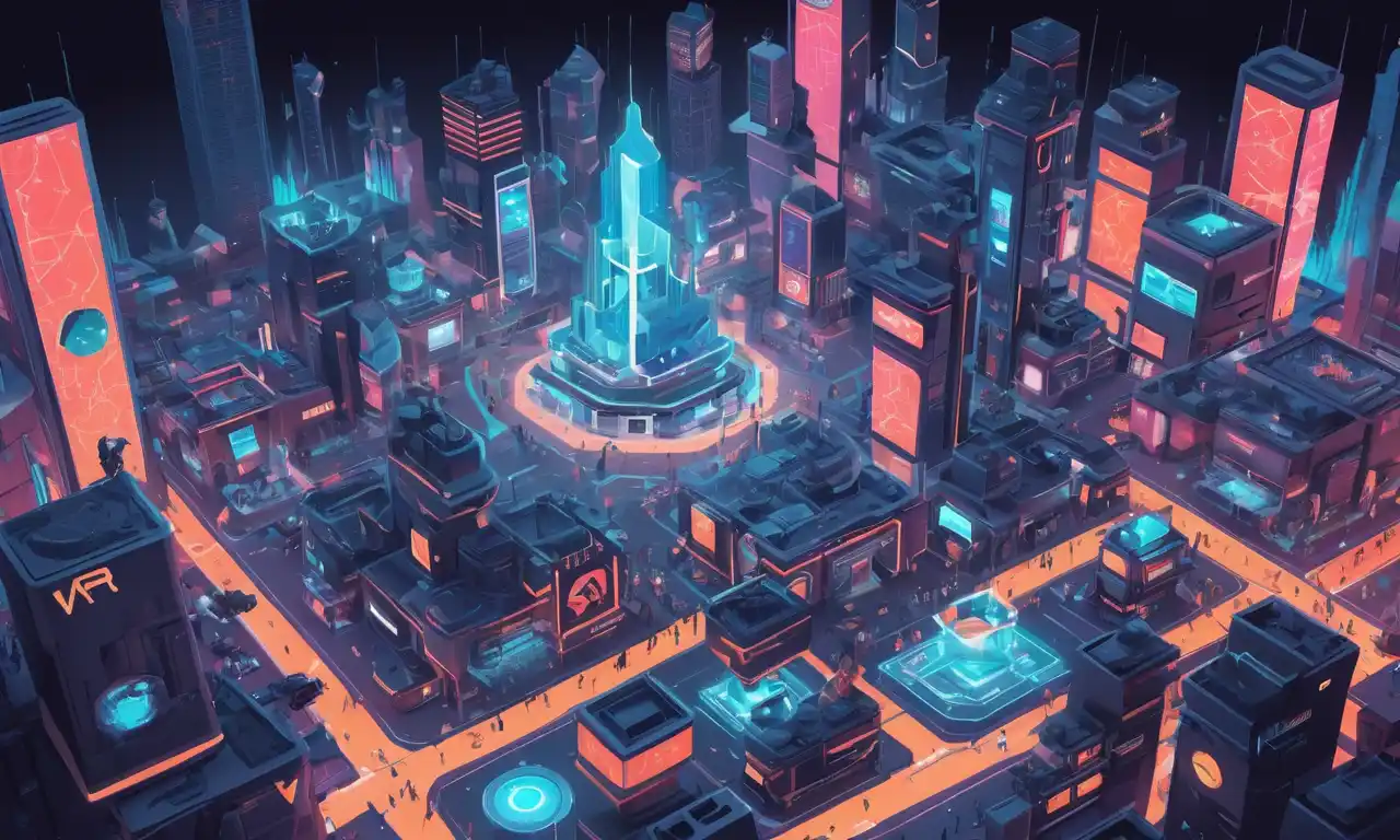 Un futurista paisaje urbano con jugadores rodeados de interfaces VR y AR.