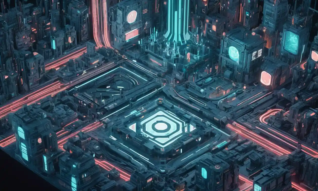 Un futurista paisaje urbano con estructuras modulares y robots en medio de un fondo de códigos y circuitos giratorios.